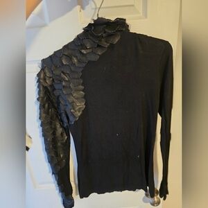 Black Long-Sleeve Women's Blouse with Scaled Shoulder Detail